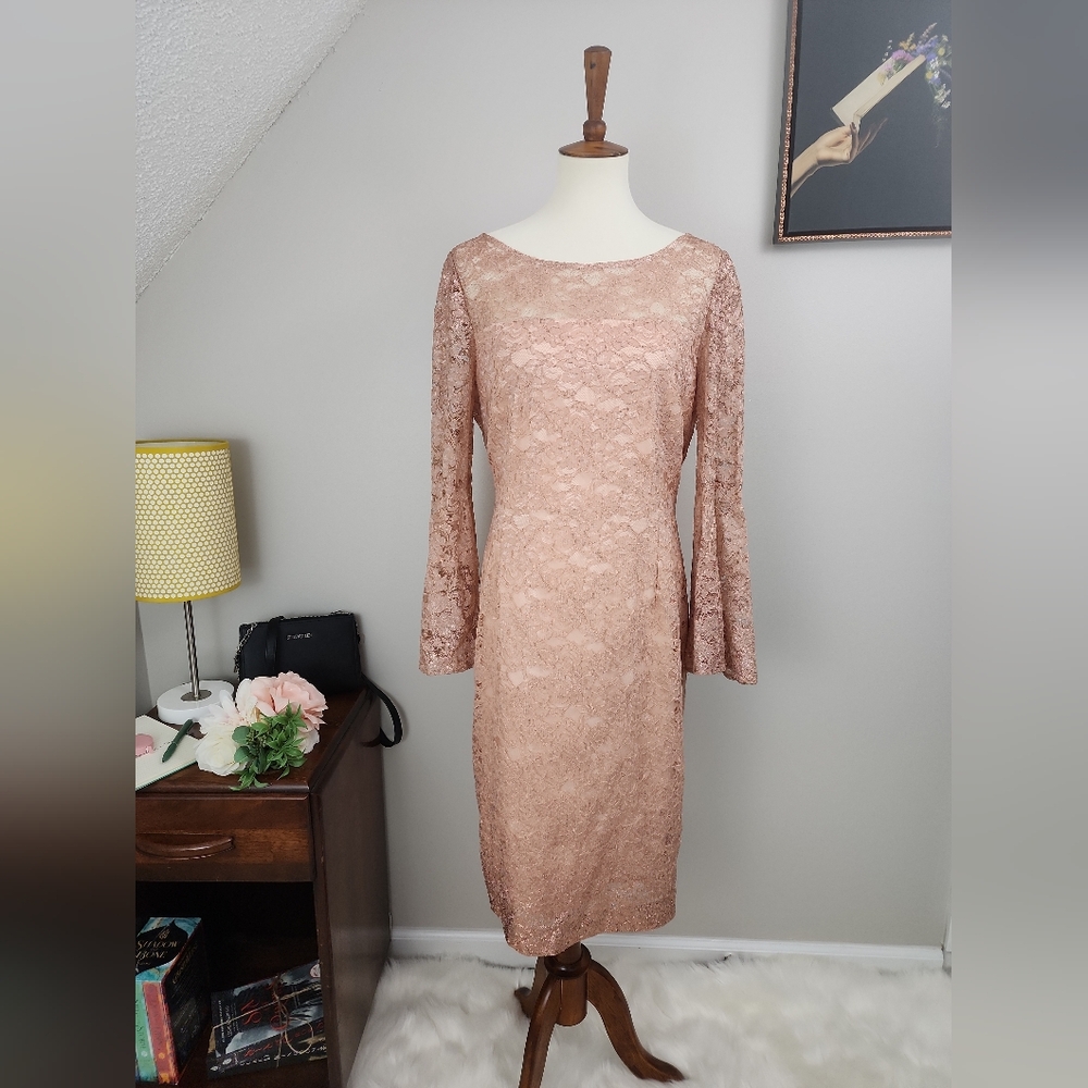 Tahari ASL Blush Floral Metallic Lace Bell Sleeve Sheath Dress